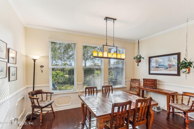 dining area featuring ornamental molding, dark hardwood / wood-style floors, and a healthy amount of sunlight