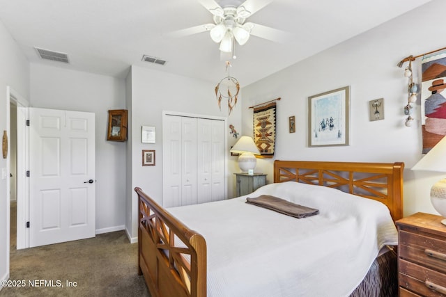 carpeted bedroom featuring ceiling fan and a closet