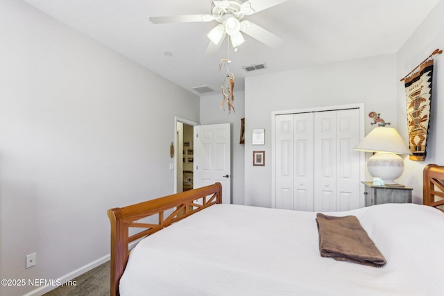 carpeted bedroom featuring ceiling fan and a closet