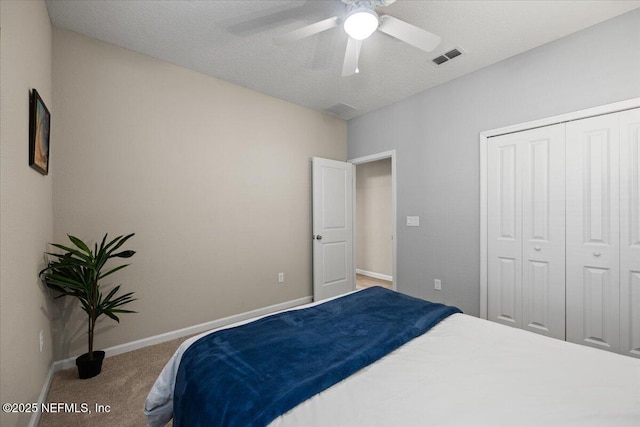 carpeted bedroom featuring ceiling fan and a closet