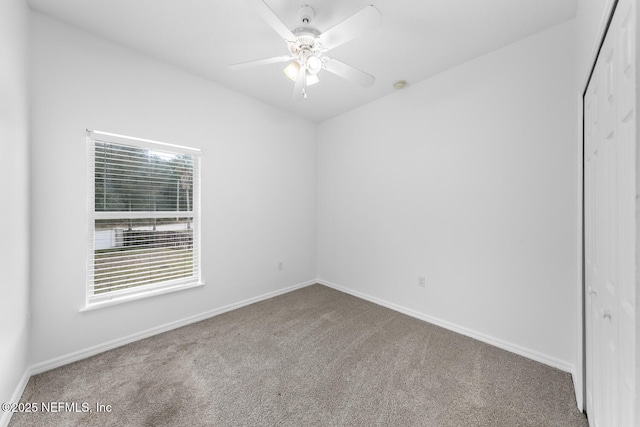 spare room featuring ceiling fan and carpet