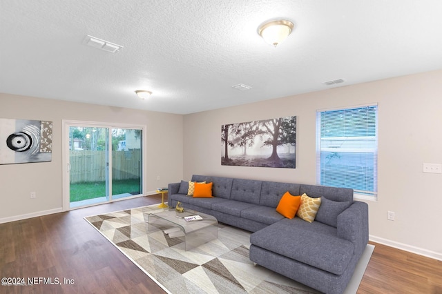 living room with a textured ceiling and hardwood / wood-style flooring