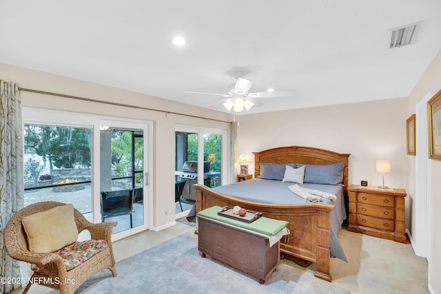 bedroom with ceiling fan and access to exterior