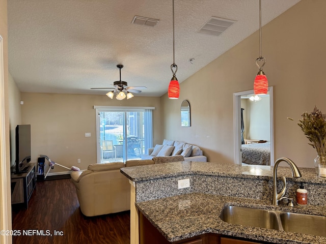 kitchen featuring dark hardwood / wood-style floors, lofted ceiling, sink, hanging light fixtures, and a textured ceiling