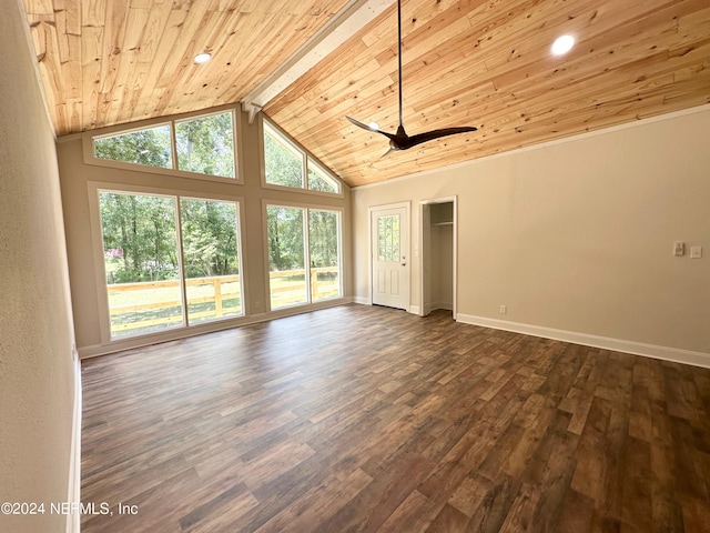 interior space with dark hardwood / wood-style flooring, wood ceiling, and vaulted ceiling with beams