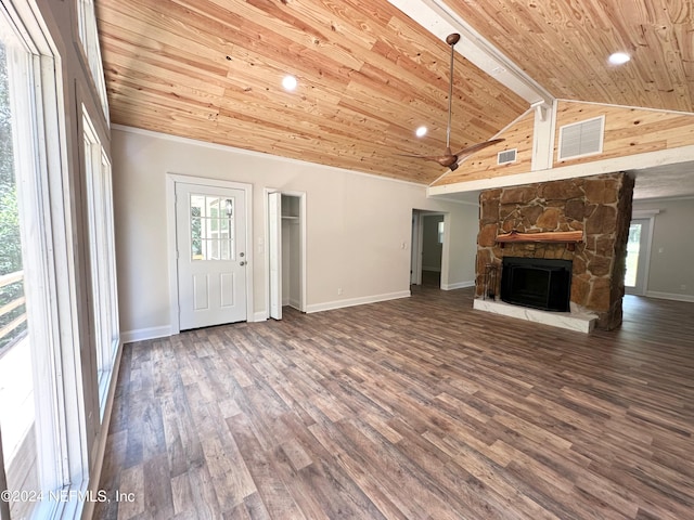 unfurnished living room featuring wooden ceiling, dark wood-type flooring, and a fireplace