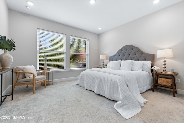 bedroom with recessed lighting, carpet, and baseboards