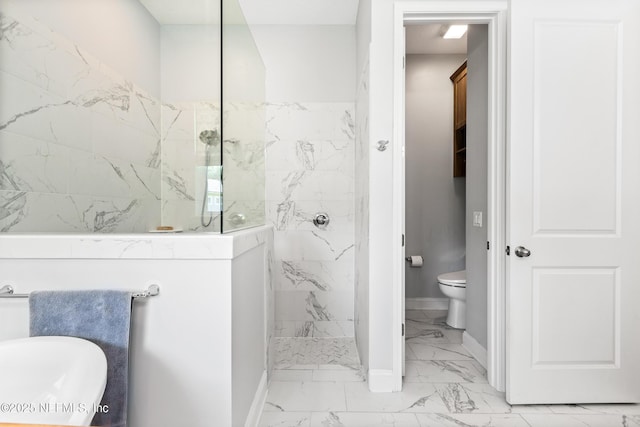 bathroom with toilet, marble finish floor, a marble finish shower, and baseboards