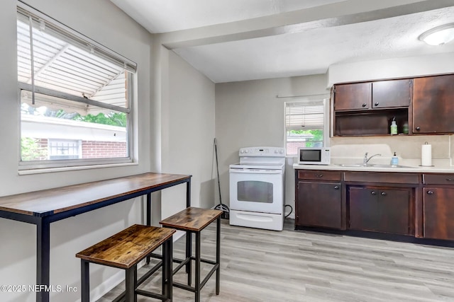 kitchen with light wood-type flooring, dark brown cabinets, sink, and white appliances