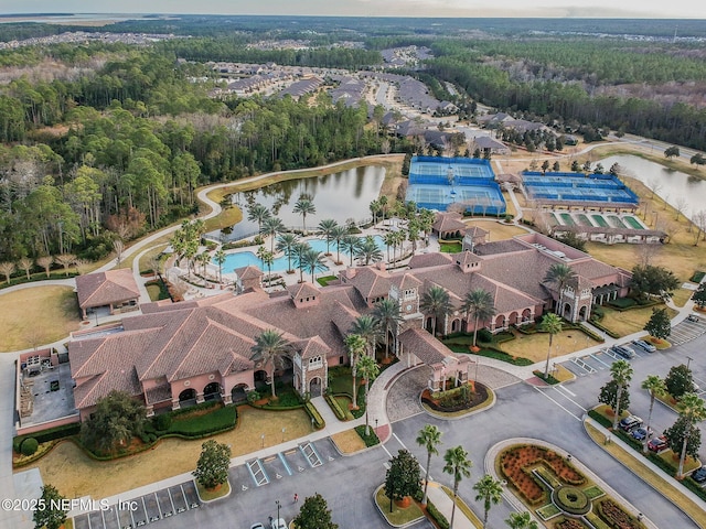 bird's eye view with a water view