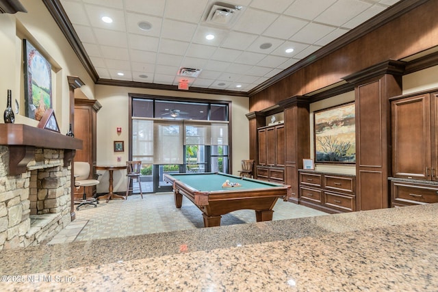 playroom with billiards, a paneled ceiling, and crown molding