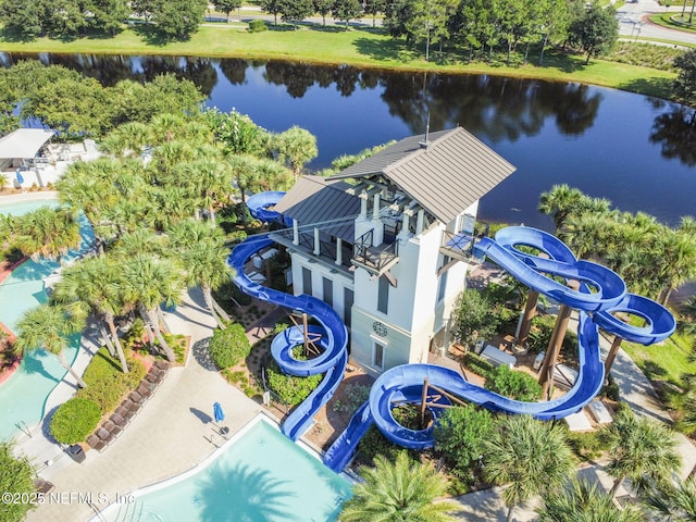 birds eye view of property featuring a water view