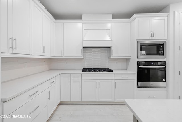 kitchen with white cabinetry, appliances with stainless steel finishes, custom exhaust hood, and decorative backsplash