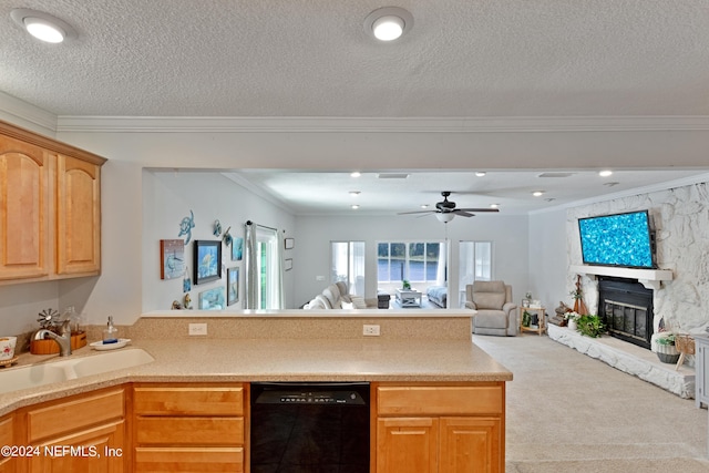 kitchen with light carpet, black dishwasher, a fireplace, ornamental molding, and sink