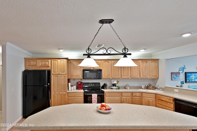 kitchen with light brown cabinets, ornamental molding, hanging light fixtures, a kitchen island, and black appliances