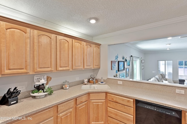 kitchen with a textured ceiling, black dishwasher, light brown cabinetry, sink, and crown molding