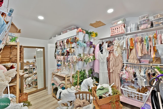 spacious closet featuring hardwood / wood-style floors and lofted ceiling