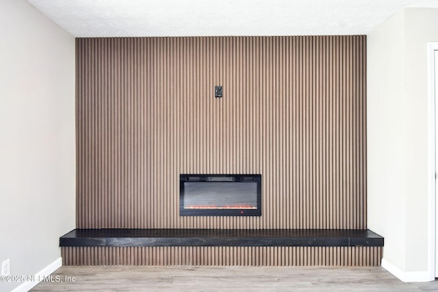 room details featuring a glass covered fireplace, a textured ceiling, baseboards, and wood finished floors