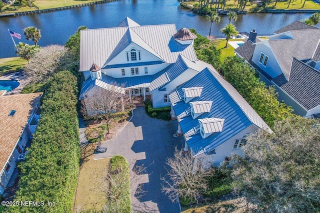 drone / aerial view featuring a water view