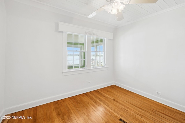 unfurnished room with hardwood / wood-style flooring, wooden ceiling, and ceiling fan