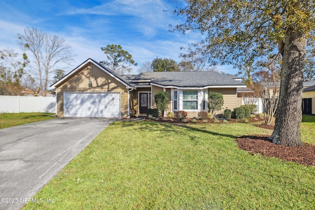 ranch-style house with a front lawn and a garage