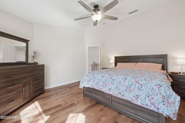 bedroom featuring ceiling fan and light hardwood / wood-style flooring