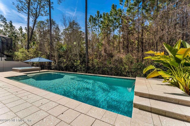 view of swimming pool featuring a jacuzzi and a patio area