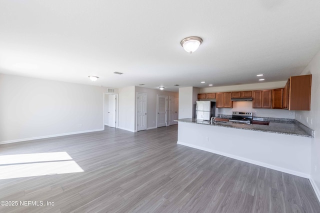 kitchen with under cabinet range hood, stainless steel electric stove, dark stone countertops, freestanding refrigerator, and brown cabinetry