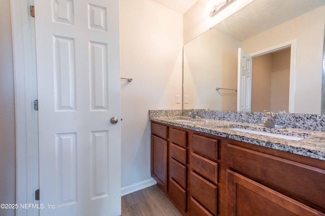 bathroom with double vanity, wood finished floors, baseboards, and a sink