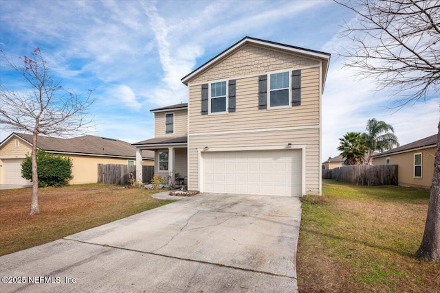 front facade featuring a garage and a front lawn