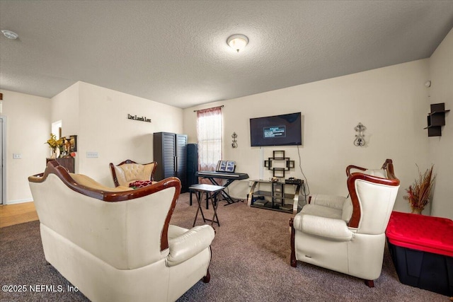 living room with carpet floors and a textured ceiling