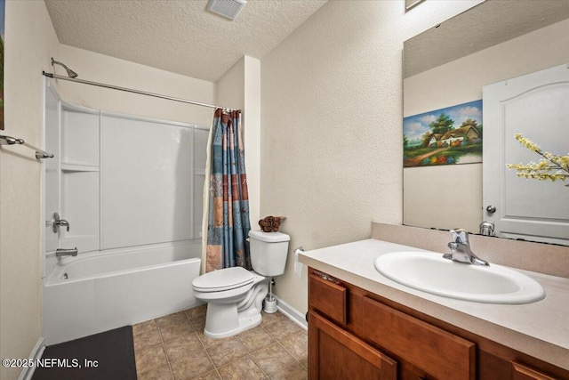 full bathroom with vanity, toilet, a textured ceiling, and shower / bathtub combination with curtain