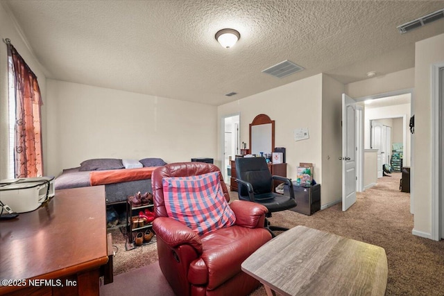 interior space featuring carpet floors and a textured ceiling