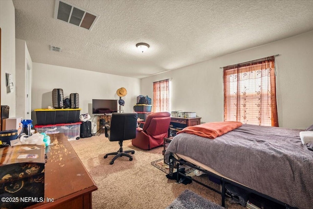 carpeted bedroom featuring multiple windows and a textured ceiling