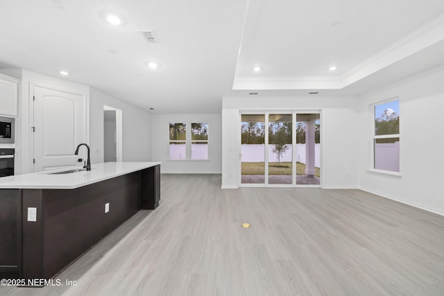 kitchen featuring sink, light hardwood / wood-style floors, a raised ceiling, and a center island with sink