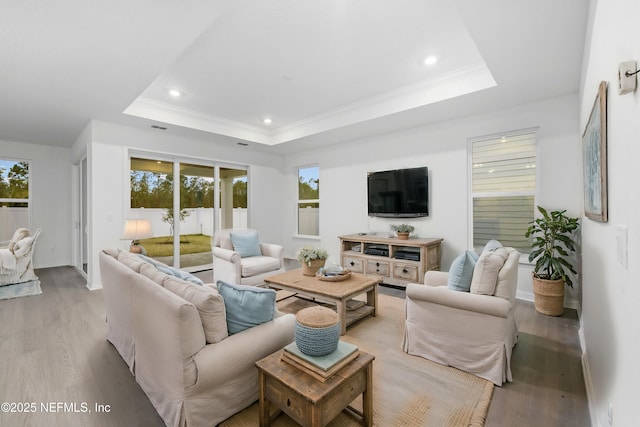 living room featuring ornamental molding, light hardwood / wood-style flooring, and a tray ceiling