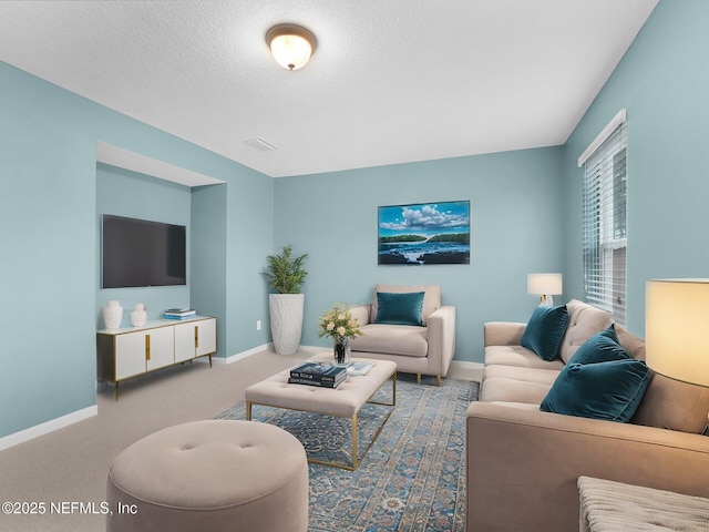 living room featuring carpet flooring and a textured ceiling