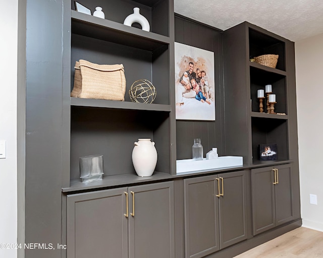 room details with built in shelves, wood-type flooring, and a textured ceiling