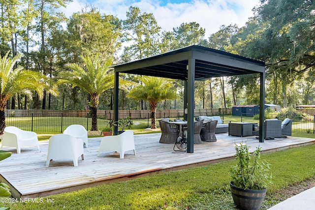 exterior space featuring an outdoor hangout area, a deck, and a yard