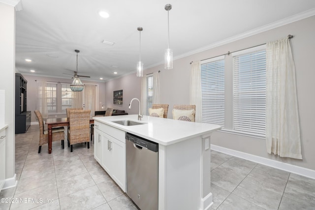 kitchen featuring dishwasher, an island with sink, sink, white cabinets, and crown molding