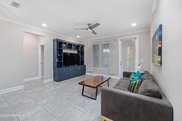 tiled living room featuring crown molding and ceiling fan