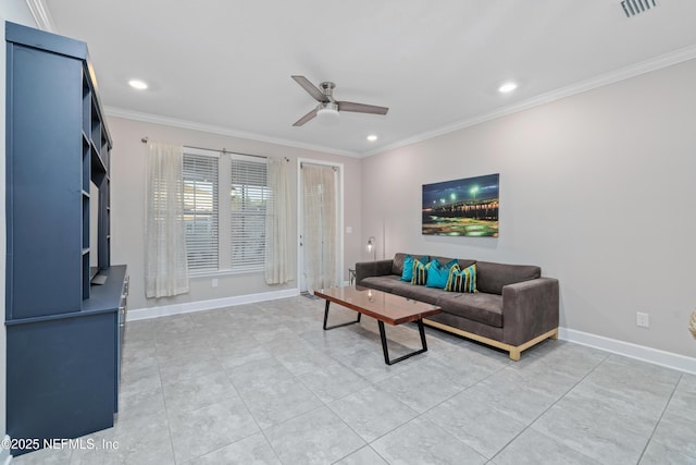 living room featuring light tile patterned flooring, ceiling fan, and ornamental molding