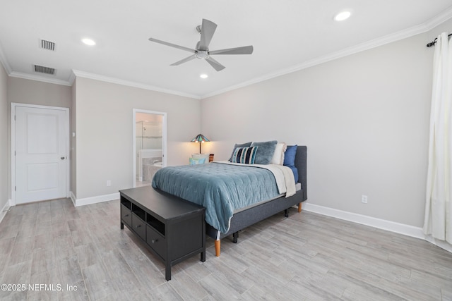 bedroom with ceiling fan, ornamental molding, and light wood-type flooring