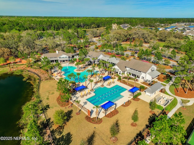 drone / aerial view with a water view