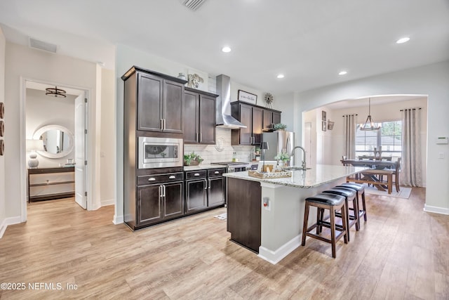 kitchen with a kitchen island with sink, stainless steel appliances, a kitchen breakfast bar, decorative light fixtures, and wall chimney exhaust hood