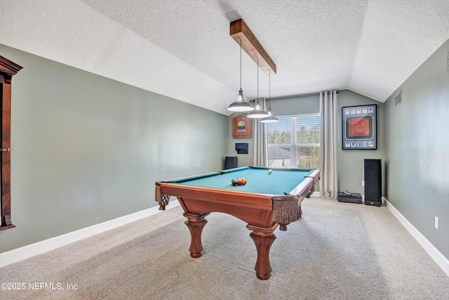 recreation room with pool table, vaulted ceiling, light carpet, and a textured ceiling