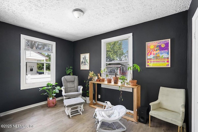 living area with wood-type flooring and a textured ceiling