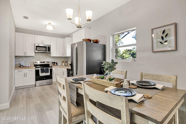 kitchen featuring pendant lighting, appliances with stainless steel finishes, tasteful backsplash, white cabinets, and a chandelier