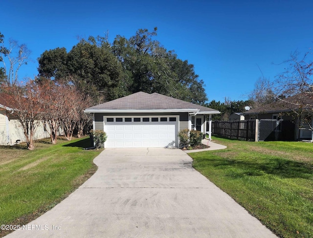 single story home with a front lawn and a garage