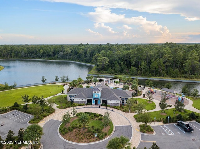 bird's eye view with a water view